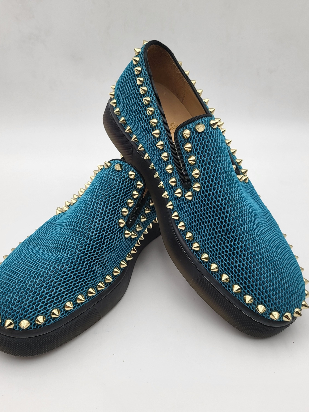Christian Louboutin Spikes Boat Design Blue Mesh Studded Loafers..Authentic..